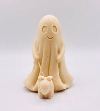 Load image into Gallery viewer, Handmade vegan soaps shaped as a cute ghost walking a dog. crafted with natural French clays, activated charcoal and essential oils. a eco-friendly, zero waste gift that’s cruelty-free, skin-nourishing, and perfect for Halloween and gifting. Small business UK.