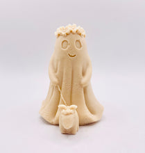 Load image into Gallery viewer, Handmade vegan soaps shaped as a cute ghost girl walking a dog. crafted with natural French clays, activated charcoal and essential oils. a eco-friendly, zero waste gift that’s cruelty-free, skin-nourishing, and perfect for Halloween and gifting. Small business UK.