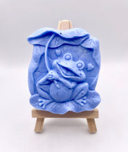 Load image into Gallery viewer, Frog Gift | cute frog gift | unique frog gift,Stocking filler, Frog & Lily Pad Vegan Soap Wooden display easels are available to purchase on a separate listing Meet our adorable Frog & Lilypad soap! This charming little frog holds a lilypad leaf over his head like a tiny umbrella, hiding from the sun and ready to brighten up your day! modern gifts. handmade home style. eco conscious gifts. zero waste gift. handmade home style. modern gift ideas.