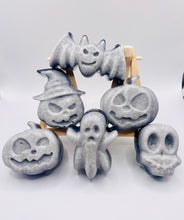 Load image into Gallery viewer, Halloween gift idea | Halloween party favours | pumpkin gift | skull gift | ghost gift | bat gift | witch gift | spooky season | Spooky Charcoal Vegan Soaps Set of 6 - Gift Boxed | Ghost Gift | Alternative Gift Ideas | Pumpkin Gift This spooky set of six vegan soaps are made with charcoal and available in your choice of essential oil. Beautifully gift boxed in eco friendly packaging. Wooden soap display easels are available to purchase on a separate listing. modern gifts. handmade home style