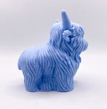 Load image into Gallery viewer, Handmade vegan soaps featuring a large detailed highland cow. crafted with natural French clays, activated charcoal and essential oils. a eco-friendly, zero waste gift that’s cruelty-free, skin-nourishing, and perfect for highland coo lovers and animal themed gifts. small business UK