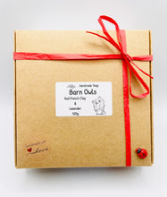 Load image into Gallery viewer, Handmade vegan soaps featuring a set of three owls, gift boxed in beautiful eco friendly packaging. crafted with natural French clays, activated charcoal and essential oils. a eco-friendly, zero waste gift that’s cruelty-free, skin-nourishing, the perfect gift for owl lovers and animal lovers. small business UK