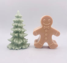 Load image into Gallery viewer, Handmade vegan soaps shaped as a gingerbread man and a Christmas’s tree, gift boxed. crafted with natural French clays, activated charcoal and essential oils. a eco-friendly, zero waste gift that’s cruelty-free, skin-nourishing, and perfect for secret Santa and Christmas gifting . small business UK