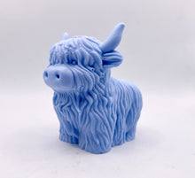 Load image into Gallery viewer, Handmade vegan soaps featuring a large detailed highland cow. crafted with natural French clays, activated charcoal and essential oils. a eco-friendly, zero waste gift that’s cruelty-free, skin-nourishing, and perfect for highland coo lovers and animal themed gifts. small business UK