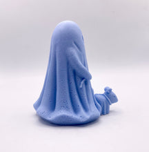 Load image into Gallery viewer, Handmade vegan soaps shaped as a cute ghost walking a dog. crafted with natural French clays, activated charcoal and essential oils. a eco-friendly, zero waste gift that’s cruelty-free, skin-nourishing, and perfect for Halloween and gifting. Small business UK.