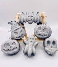 Load image into Gallery viewer, Halloween gift | Spooky Charcoal Vegan Soaps Set of 6 - Gift Boxed | Ghost Gift | Alternative Gift Ideas | Pumpkin Gift This spooky set of six vegan soaps are made with charcoal and available in your choice of essential oil. Beautifully gift boxed in eco friendly packaging. Wooden soap display easels are available to purchase on a separate listing. modern gifts. handmade home style