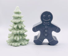 Load image into Gallery viewer, Handmade vegan soaps shaped as a gingerbread man and a Christmas’s tree, gift boxed. crafted with natural French clays, activated charcoal and essential oils. a eco-friendly, zero waste gift that’s cruelty-free, skin-nourishing, and perfect for secret Santa and Christmas gifting . small business UK