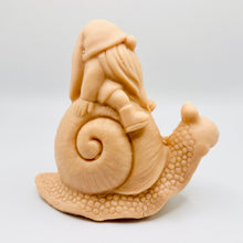 Load image into Gallery viewer, Handmade vegan soaps featuring a detailed snail with a gnome catching a ride on his back soap. crafted with natural French clays, activated charcoal and essential oils. a eco-friendly, zero waste gift that’s cruelty-free, skin-nourishing, and perfect for turtle lovers and gnome lover gifts. small business UK