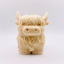Load image into Gallery viewer, Handmade vegan soaps featuring a large detailed highland cow. crafted with natural French clays, activated charcoal and essential oils. a eco-friendly, zero waste gift that’s cruelty-free, skin-nourishing, and perfect for highland coo lovers and animal themed gifts. small business UK