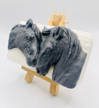 Load image into Gallery viewer, Horse gift, horse lover gift, pony gift. Eco conscious gift horse rider gift Beautifully detailed and full of character, this handmade soap features two horses nuzzling together - a lovely gift for any equestrian or horse lover. Made with activated charcoal to deeply cleanse and refresh the skin, this vegan and cruelty-free bar combines practicality with a touch of rustic charm. modern gifts. handmade home style. zero waste gifts. eco conscious home gifts