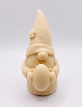 Load image into Gallery viewer, Handmade vegan soaps featuring a gorgeous gnome holding his easter egg packaged in beautiful eco friendly packaging. crafted with natural French clays, activated charcoal and essential oils. a eco-friendly, zero waste gift that’s cruelty-free, skin-nourishing, the perfect gift for any easter hamper or gnome lover. UK Small Business