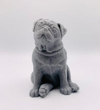 Load image into Gallery viewer, Handmade vegan soaps featuring a cute sitting pug dog. crafted with natural French clays, activated charcoal and essential oils. a eco-friendly, zero waste gift that’s cruelty-free, skin-nourishing, and perfect for pug owner gifts and dog lovers. Beautiful eco friendly packaging. Small Business UK