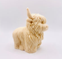 Load image into Gallery viewer, Handmade vegan soaps featuring a large detailed highland cow. crafted with natural French clays, activated charcoal and essential oils. a eco-friendly, zero waste gift that’s cruelty-free, skin-nourishing, and perfect for highland coo lovers and animal themed gifts. small business UK