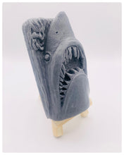 Load image into Gallery viewer, Handmade vegan soaps featuring a shark with his mouth open and jagged teeth showing . gift boxed in beautiful eco friendly packaging. crafted with natural French clays, activated charcoal and essential oils. a eco-friendly, zero waste gift that’s cruelty-free, skin-nourishing, the perfect gift for shark lovers and animal lovers. UK Small Business