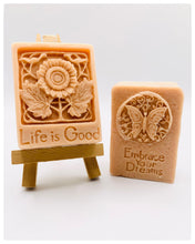 Load image into Gallery viewer, Handmade vegan soaps featuring a set of two positive quote soaps, gift boxed in beautiful eco friendly packaging. embrace your dreams and life’s good wording. crafted with natural French clays, activated charcoal and essential oils. a eco-friendly, zero waste gift that’s cruelty-free, skin-nourishing, and perfect for birthday gifts and friendship gifts. Small Business UK