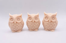 Load image into Gallery viewer, Handmade vegan soaps featuring a set of three owls, gift boxed in beautiful eco friendly packaging. crafted with natural French clays, activated charcoal and essential oils. a eco-friendly, zero waste gift that’s cruelty-free, skin-nourishing, the perfect gift for owl lovers and animal lovers. small business UK
