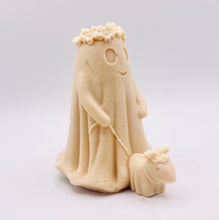 Load image into Gallery viewer, Handmade vegan soaps shaped as a cute ghost girl walking a dog. crafted with natural French clays, activated charcoal and essential oils. a eco-friendly, zero waste gift that’s cruelty-free, skin-nourishing, and perfect for Halloween and gifting. Small business UK.