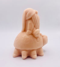 Load image into Gallery viewer, Handmade vegan soaps featuring a detailed ladybug with a gnome catching a ride on his back soap. crafted with natural French clays, activated charcoal and essential oils. a eco-friendly, zero waste gift that’s cruelty-free, skin-nourishing, and perfect for turtle lovers and gnome lover gifts. small business UK