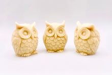 Load image into Gallery viewer, Handmade vegan soaps featuring a set of three owls, gift boxed in beautiful eco friendly packaging. crafted with natural French clays, activated charcoal and essential oils. a eco-friendly, zero waste gift that’s cruelty-free, skin-nourishing, the perfect gift for owl lovers and animal lovers. small business UK
