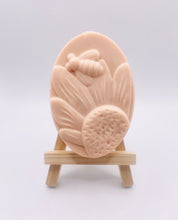 Load image into Gallery viewer, Handmade vegan soaps featuring a gorgeous bee and sunflower chunky design soap. crafted with natural French clays, activated charcoal and essential oils. a eco-friendly, zero waste gift that’s cruelty-free, skin-nourishing, and perfect for bee lovers and gifting. UK Small Business