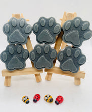 Load image into Gallery viewer, Handmade vegan soaps shaped with paw prints. set of 6, beautifully gift boxed in eco friendly packaging. crafted with natural French clays, activated charcoal and essential oils. a eco-friendly, zero waste gift that’s cruelty-free, skin-nourishing, and perfect for animal lovers and gifting. Small Business UK