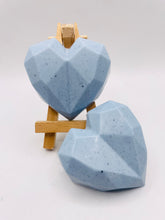 Load image into Gallery viewer, Handmade vegan soaps featuring a set of two geometric hearts gift boxed in beautiful eco friendly packaging crafted with natural French clays, activated charcoal and essential oils. a eco-friendly, zero waste gift that’s cruelty-free, skin-nourishing, and perfect for valentines day and romantic themed gifts. small business UK