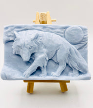Load image into Gallery viewer, Handmade vegan soaps featuring a wolf prowling with the moon behind him, in beautiful eco friendly packaging. crafted with natural French clays, activated charcoal and essential oils. a eco-friendly, zero waste gift that’s cruelty-free, skin-nourishing, the perfect gift for wolf lovers, or for animal lover gifts. small business UK