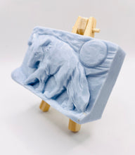 Load image into Gallery viewer, Handmade vegan soaps featuring a wolf prowling with the moon behind him, in beautiful eco friendly packaging. crafted with natural French clays, activated charcoal and essential oils. a eco-friendly, zero waste gift that’s cruelty-free, skin-nourishing, the perfect gift for wolf lovers, or for animal lover gifts. small business UK