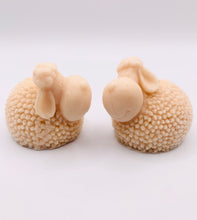 Load image into Gallery viewer, Handmade vegan soap featuring a set of two spring lambs and gift boxed in beautiful eco friendly packaging. crafted with natural French clays, activated charcoal and essential oils. a eco-friendly, zero waste gift that’s cruelty-free, skin-nourishing, and perfect for easter, sheep lovers or animal themed gifts. Small business UK