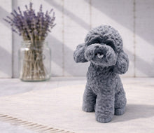 Load image into Gallery viewer, Cockapoo dog design vegan soap gift on a white surface with a vase of lavender in the background.