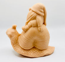 Load image into Gallery viewer, Handmade vegan soaps featuring a detailed snail with a gnome catching a ride on his back soap. crafted with natural French clays, activated charcoal and essential oils. a eco-friendly, zero waste gift that’s cruelty-free, skin-nourishing, and perfect for turtle lovers and gnome lover gifts. small business UK