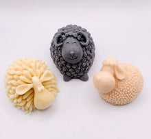 Load image into Gallery viewer, Handmade vegan soap featuring a sheep, ram and spring lamb and gift boxed in beautiful eco friendly packaging. crafted with natural French clays, activated charcoal and essential oils. a eco-friendly, zero waste gift that’s cruelty-free, skin-nourishing, and perfect for easter, sheep lovers or animal themed gifts. Small business UK