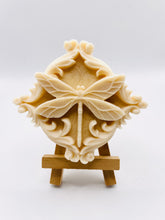 Load image into Gallery viewer, Handmade vegan soaps featuring a detailed dragonfly, in beautiful eco friendly packaging. crafted with natural French clays, activated charcoal and essential oils. a eco-friendly, zero waste gift that’s cruelty-free, skin-nourishing, the perfect gift for dragonfly lovers or for animal lovers. small business UK