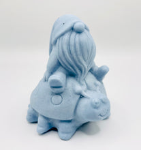 Load image into Gallery viewer, Handmade vegan soaps featuring a detailed ladybug with a gnome catching a ride on his back soap. crafted with natural French clays, activated charcoal and essential oils. a eco-friendly, zero waste gift that’s cruelty-free, skin-nourishing, and perfect for turtle lovers and gnome lover gifts. small business UK