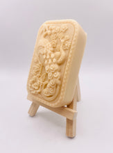Load image into Gallery viewer, Handmade vegan soaps featuring a detailed peacock, in beautiful eco friendly packaging. crafted with natural French clays, activated charcoal and essential oils. a eco-friendly, zero waste gift that’s cruelty-free, skin-nourishing, the perfect gift for peacock lovers or for animal lovers. small business UK