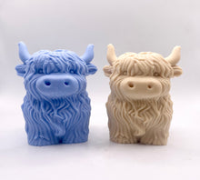 Load image into Gallery viewer, Handmade vegan soaps featuring a large detailed highland cow. crafted with natural French clays, activated charcoal and essential oils. a eco-friendly, zero waste gift that’s cruelty-free, skin-nourishing, and perfect for highland coo lovers and animal themed gifts. small business UK