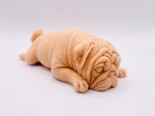 Load image into Gallery viewer, Handmade vegan soap featuring sleepy pug lying down and packed in beautiful eco friendly packaging. crafted with natural French clays, activated charcoal and essential oils. a eco-friendly, zero waste gift that’s cruelty-free, skin-nourishing, and perfect for pug owners, dog lovers or animal themed gifts. Small business UK