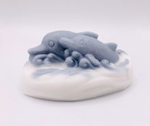 Load image into Gallery viewer, Dolphin Gift | unique dolphin Gift | Unique gift | dolphin Gift idea | Birthday gift, Christmas gift, Stocking filler, Secret Santa gift, Teacher gift, Thank you gift, Swimming Dolphins Vegan Soap Dive into a world of luxury with these playful dolphins, leaving you feeling refreshed and revitalised with every wash. Made with natural ingredients and gentle on the skin, our swimming dolphins soap is the perfect gift for anyone who loves the sea!  eco conscious gift eco friendly gift