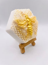 Load image into Gallery viewer, bee gift bee lover gift bee hamper eco conscious gift Queen Bee Vegan Soap *Wooden display easels are available to purchase on a separate listing This beautifully detailed ‘Queen Bee’ soap is vegan, cruelty free and available in your choice of essential oil. Wrapped in gorgeous eco-friendly packaging. All our soaps are made with natural essential oils to gently cleanse and nourish your skin. Plus, they come in eco-friendly packaging so you can feel good about your purchase and the environment