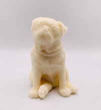 Load image into Gallery viewer, Handmade vegan soaps featuring a cute sitting pug dog. crafted with natural French clays, activated charcoal and essential oils. a eco-friendly, zero waste gift that’s cruelty-free, skin-nourishing, and perfect for pug owner gifts and dog lovers. Beautiful eco friendly packaging. Small Business UK