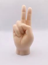Load image into Gallery viewer, Handmade vegan soap featuring a hand in the peace finger gesture packed in beautiful eco friendly packaging. crafted with natural French clays, activated charcoal and essential oils. a eco-friendly, zero waste gift that’s cruelty-free, skin-nourishing, and perfect for novelty gift lovers or themed gifts. Small business UK