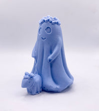Load image into Gallery viewer, Handmade vegan soaps shaped as a cute ghost girl walking a dog. crafted with natural French clays, activated charcoal and essential oils. a eco-friendly, zero waste gift that’s cruelty-free, skin-nourishing, and perfect for Halloween and gifting. Small business UK.