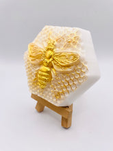 Load image into Gallery viewer, bee gift bee lover gift bee hamper eco conscious gift Queen Bee Vegan Soap *Wooden display easels are available to purchase on a separate listing This beautifully detailed ‘Queen Bee’ soap is vegan, cruelty free and available in your choice of essential oil. Wrapped in gorgeous eco-friendly packaging. All our soaps are made with natural essential oils to gently cleanse and nourish your skin. Plus, they come in eco-friendly packaging so you can feel good about your purchase and the environment