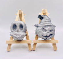 Load image into Gallery viewer, Halloween gift idea | Halloween party favours | pumpkin gift | skull gift | ghost gift | bat gift | witch gift | spooky season | Spooky Charcoal Vegan Soaps Set of 6 - Gift Boxed | Ghost Gift | Alternative Gift Ideas | Pumpkin Gift This spooky set of six vegan soaps are made with charcoal and available in your choice of essential oil. Beautifully gift boxed in eco friendly packaging. Wooden soap display easels are available to purchase on a separate listing. modern gifts. handmade home style