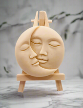 Load image into Gallery viewer, Handmade vegan soaps featuring a sun and moon. crafted with natural French clays, activated charcoal and essential oils. a eco-friendly, zero waste gift that’s cruelty-free, skin-nourishing, and perfect for moon lovers. friendship gifts and mothers day gifts. small business UK