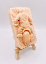 Load image into Gallery viewer, Handmade vegan soaps featuring a biker riding their motorcycle in to the sunset wearing a biker jacket. crafted with natural French clays, activated charcoal and essential oils. a eco-friendly, zero waste gift that’s cruelty-free, skin-nourishing, and perfect for motorbike lovers and gifts for him. Small business UK