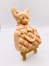 Load image into Gallery viewer, Handmade vegan soaps featuring a chihuahua peeping out of a handbag packaged in beautiful eco friendly packaging. crafted with natural French clays, activated charcoal and essential oils. a eco-friendly, zero waste gift thatās cruelty-free, skin-nourishing, the perfect gift for dog lovers or animal lovers. small business UK
