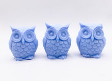 Load image into Gallery viewer, Handmade vegan soaps featuring a set of three owls, gift boxed in beautiful eco friendly packaging. crafted with natural French clays, activated charcoal and essential oils. a eco-friendly, zero waste gift that’s cruelty-free, skin-nourishing, the perfect gift for owl lovers and animal lovers. small business UK