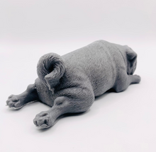 Load image into Gallery viewer, Handmade vegan soap featuring sleepy pug lying down and packed in beautiful eco friendly packaging. crafted with natural French clays, activated charcoal and essential oils. a eco-friendly, zero waste gift that’s cruelty-free, skin-nourishing, and perfect for pug owners, dog lovers or animal themed gifts. Small business UK