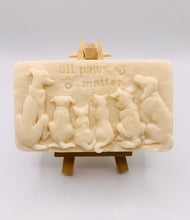 Load image into Gallery viewer, dog lover gift. cat lover gift. animal lover gift. zero waste gift. modern gifts. handmade home style. This beautifully detailed, chunky bar features a line-up of our loyal four-legged friends, reminding us of the love, joy, and muddy footprints they bring into our lives. The one in the photo is made with charcoal and lavender essential oil, soothing, earthy, and perfect for washing the day away (or after a long dog walk!). eco conscious home. eco conscious living.